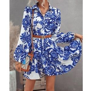 Boho blue white floral print lantern sleeve smock dress